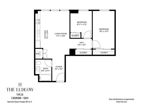 Floor plan for 2 beds, 1 bath, 837 sqft